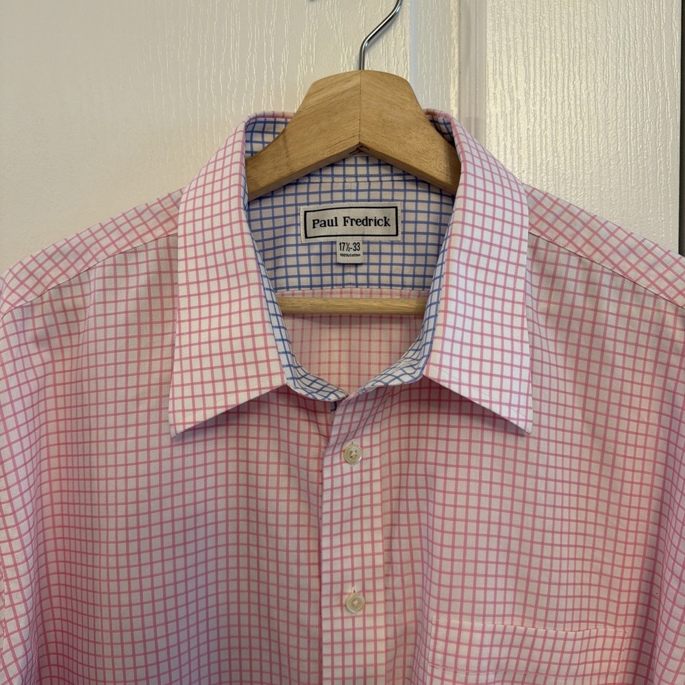 Paul Fredrick Button Down Shirt Mens 17.5-33 Pink/Blue Check Non Iron Dobby